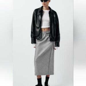 Zara NWT gray midi skirt wool flannel with drawstring waist back  slit size XXL
